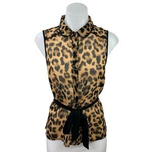 Forever 21 Tan Black Leopard Sleeveless Tie Waist Button Up Shirt Top Size S